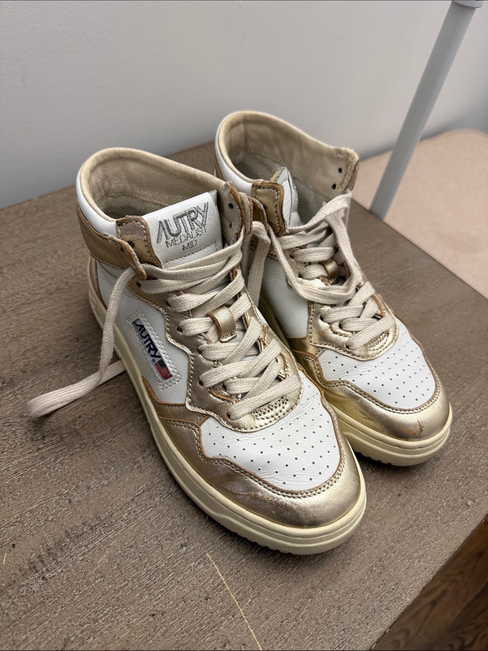 AUTRY Metallic Gold & White High-Top Sneakers